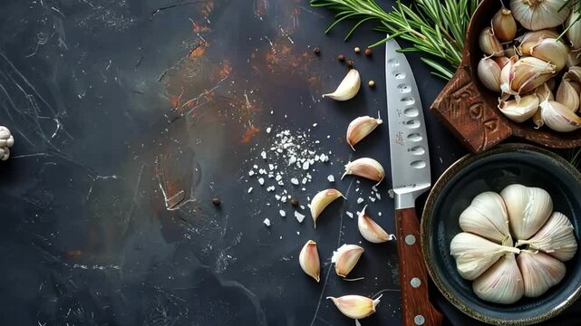 Explore a beautiful arrangement of garlic with herbs and a knife. This image captures the essence of cooking and the joy of food preparation. Generative AI
