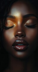 Portrait capturing the serene beauty of a young woman with closed eyes and striking red lips in soft lighting