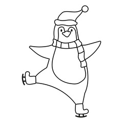 Fun coloring page with an ice skating penguin. Black and white doodle arctic bird wearing a striped scarf and a hat.