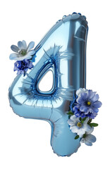 Four number blue balloon with flowers. Ai generated