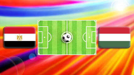 Egypt and Hungary flag on soccer field with ball.Football match concept against multicolored abstract background.Copy space for text.