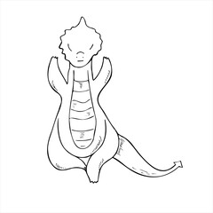 Graphic monochrome dragon meditating and practicing Vrikshasana ink illustration in black and white. Animal doing yoga exercises simple line art. Tree pose, Vrksasana, Vriksasana. For yoga center