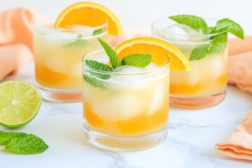 Fototapeta premium Freshly crafted lime and orange cocktail served in elegant clear glasses with mint leaves and peach napkins
