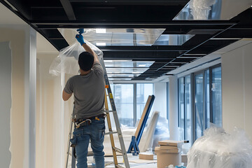 Fototapeta premium Worker Cleaning Newly Installed Light Fixture in Modern Office Space
