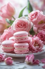 Delicate pink macarons displayed elegantly alongside fresh flowers near a sunlit window in a cozy setting