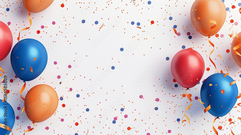 Poster a colorful background with a bunch of balloons and confetti. the balloons are in different colors an