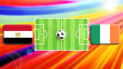 Egypt and Ireland flag on soccer field with ball.Football match concept against multicolored abstract background.Copy space for text.