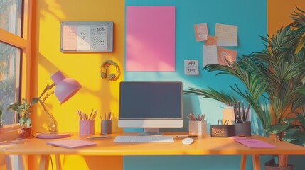 Bright and Colorful Desk Setup with Motivational Elements in a Vibrant Workspace Environment