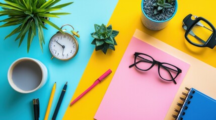 Vibrant Desk Setup with Colorful Stationery and Green Plants for a Motivational Workspace