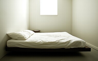 A minimalist bedroom with a simple platform bed, white linens, and a single bedside table