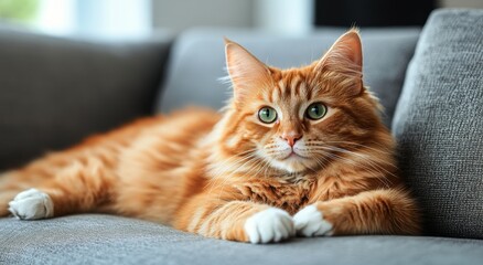 Relaxed orange tabby cat lounging on a cozy couch in a comfortable living room during the afternoon