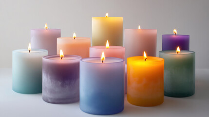 Assortment of Pastel Colored Candles Burning Brightly on White Background