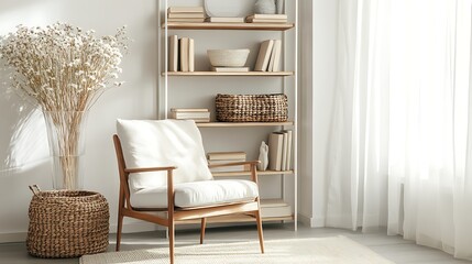 Minimalistic living room composition with white frame retro chair wooden shelf cozy rattan basket books flowers in vase and elegant decor