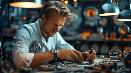 A professional man sitting at a desk repairing a watch.