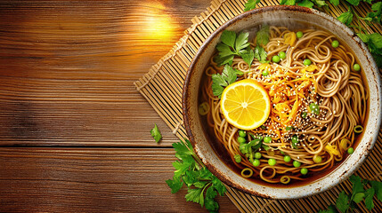 Wabi sabi style interior with rustic bowl of noodles and fresh ingredients on wooden table