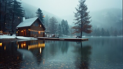 Fototapeta premium A log cabin by a lakeside, nestled at the edge of a misty forest, adorned with Christmas decorations.