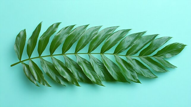 A green leaf on top of a teal background.