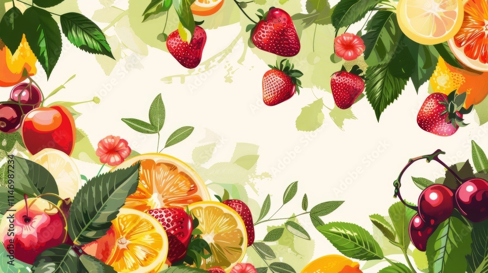 Poster abundant summer fruit composition with a clear area for adding customized text