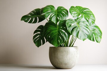 Lush green Monstera deliciosa plant in a light grey pot against a neutral background.