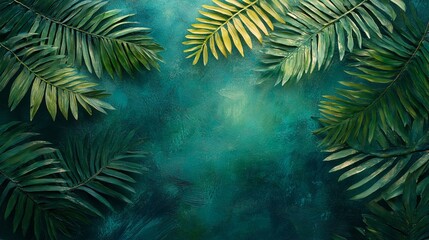 A painting of palm leaves against a textured teal background.