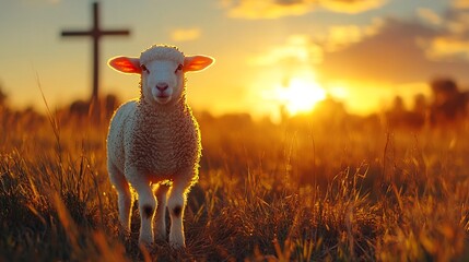 A lamb standing in front of a cross during sunset.