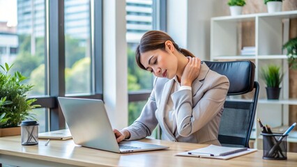 woman working in office suffers from neck pain and holds her neck
