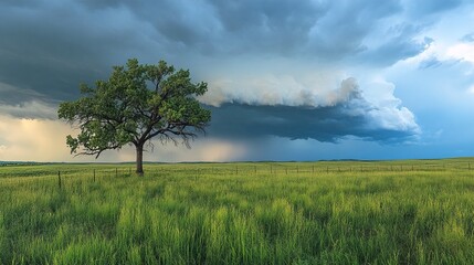 A tree stands alone in an open field under a stormy sky.