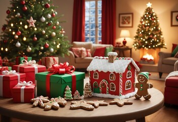Stunning gingerbread houses decorated with lighted windows, surrounded by delicate snowflakes and gingerbread men on an elegant wooden table, Christmas lights in the background