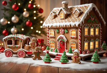 Obraz premium Stunning gingerbread houses decorated with lighted windows, surrounded by delicate snowflakes and gingerbread men on an elegant wooden table, Christmas lights in the background