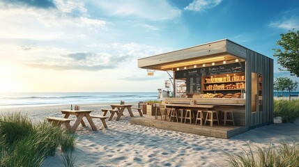 Beachfront cafe kiosk with picnic tables at sunset.