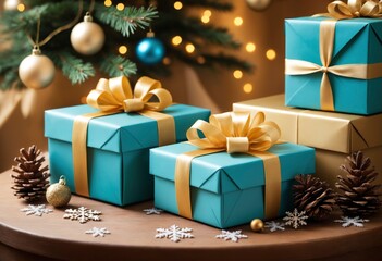 Two blue gift boxes with golden ribbon bows and pine cones on a wooden table against a background of a Christmas tree with glowing lights, providing a concept for a holiday season or new year prese