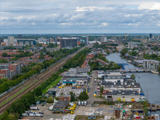 Aerial drone photo of the skyline in Leiden, the Netherlands.