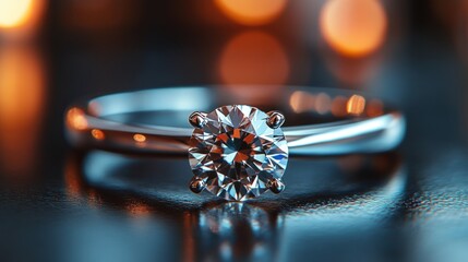 Sparkling solitaire diamond engagement ring on dark background.