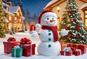 Fototapeta premium A snowman with a red hat and green scarf, surrounded by Christmas presents in front of his house. The background features snowy trees and houses decorated for the holiday season