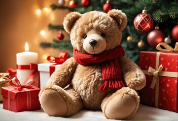 A teddy bear with a scarf sitting on white fur, surrounded by Christmas gifts and candles. The background features a decorated tree in the distance