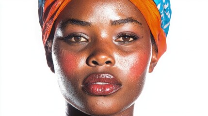 Naklejka premium Close-up portrait of a young Black woman wearing a vibrant orange and blue headwrap.