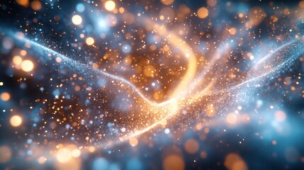 Fototapeta premium Abstract glowing particles, blue and gold wave energy.