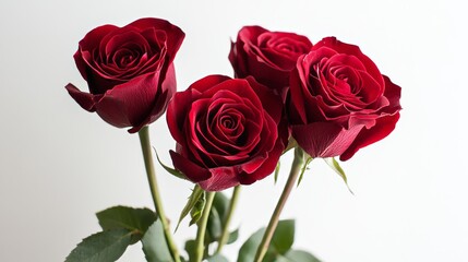 Fototapeta premium Vibrant red roses in full bloom set against a clean white backdrop, close-up shot, Minimalist style