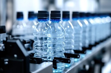 The photo shows plastic water bottles on the production line of an industrial packaging machine in close-up.