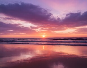 Obraz premium Romantic Sunset Over Ocean with Silhouetted Beach Scene , Tranquil and Serene for Love-Themed Designs