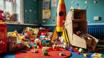 The playful room is lively with scattered toys and a vivid rocket ship. This image captures the essence of childhood joy and creativity. It highlights a fun play space. Generative AI