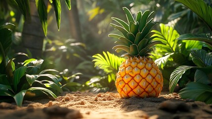 Fototapeta premium A pineapple growing out of a sandy desert surrounded by lush greenery and palm trees.