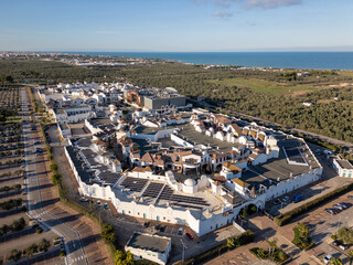 Aerial drone view of a outdoor shopping center in Molfetta, southern Italy.