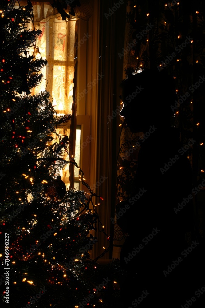 Poster a person is standing in front of a christmas tree with lights on it. the person is silhouetted again