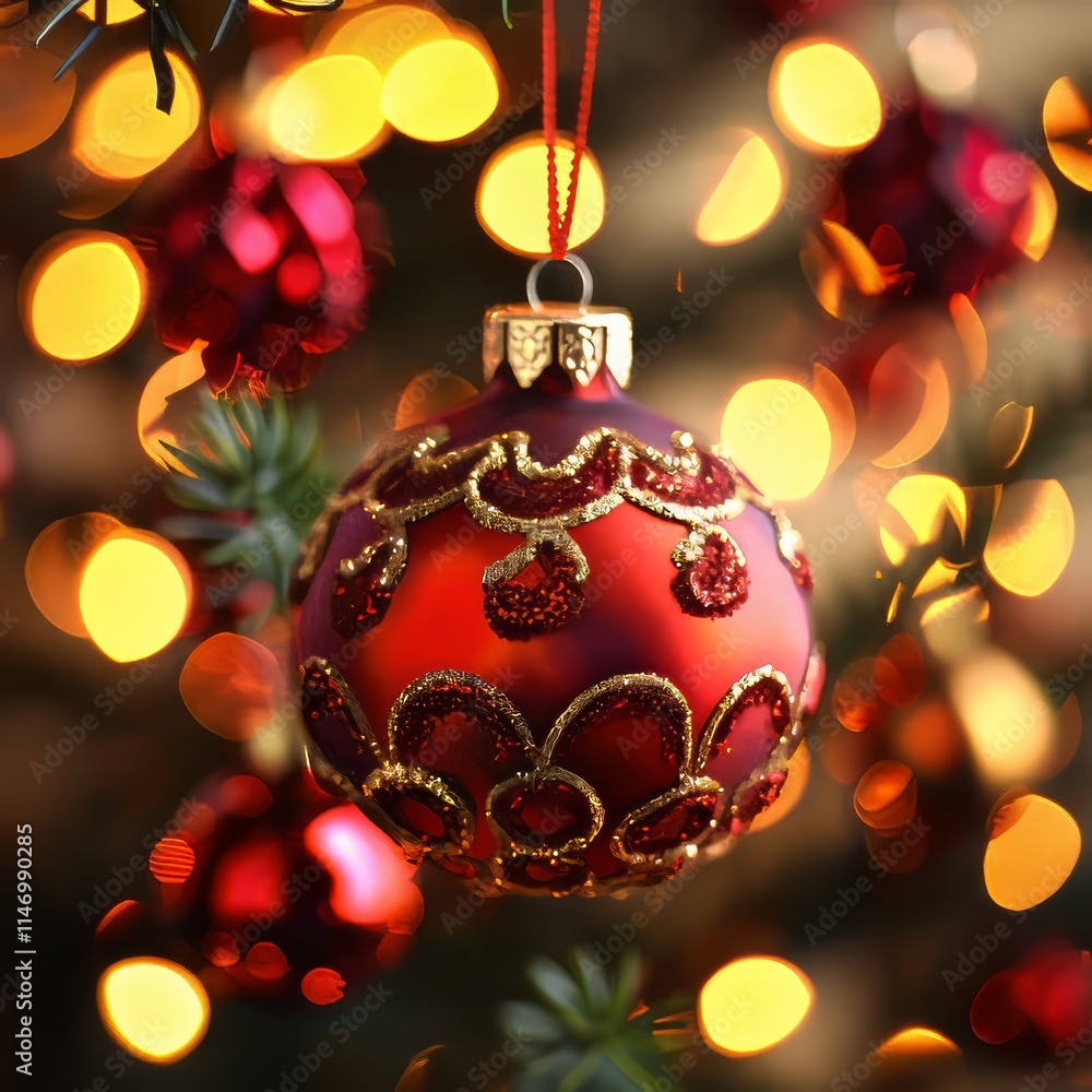 Poster a red ornament hanging from a tree. it is hanging from a string