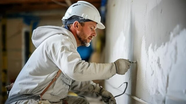 Construction worker wearing a hard hat and protective gear is plastering a wall on a construction site using specialized equipment