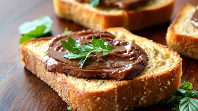 A delicious slice of Vegemite on perfectly toasted bread, garnished with fresh herbs.