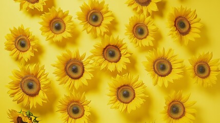 Obraz premium Vibrant sunflowers arranged against a bright yellow backdrop, overhead shot, Minimalist style