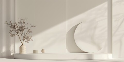 Minimalist interior design with modern decor, featuring a vase with branches, geometric shapes, and soft natural lighting in a serene, neutral color palette.
