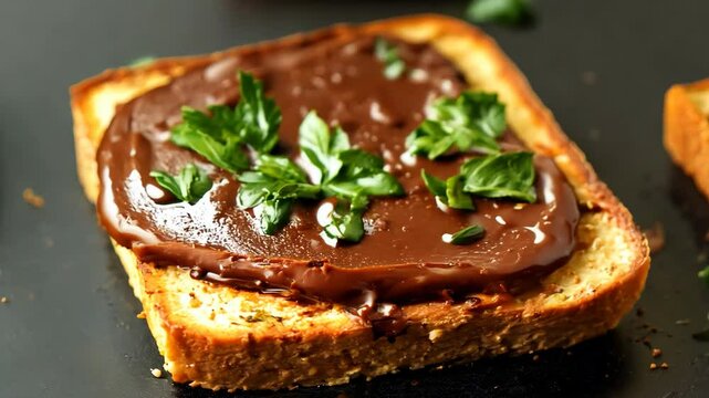 A delicious slice of Vegemite on perfectly toasted bread, garnished with fresh herbs.